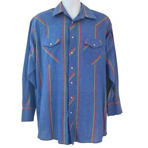 WRANGLER VTG 90s Men's Western Blue Striped Shirt Size XL Pearl Snap EUC